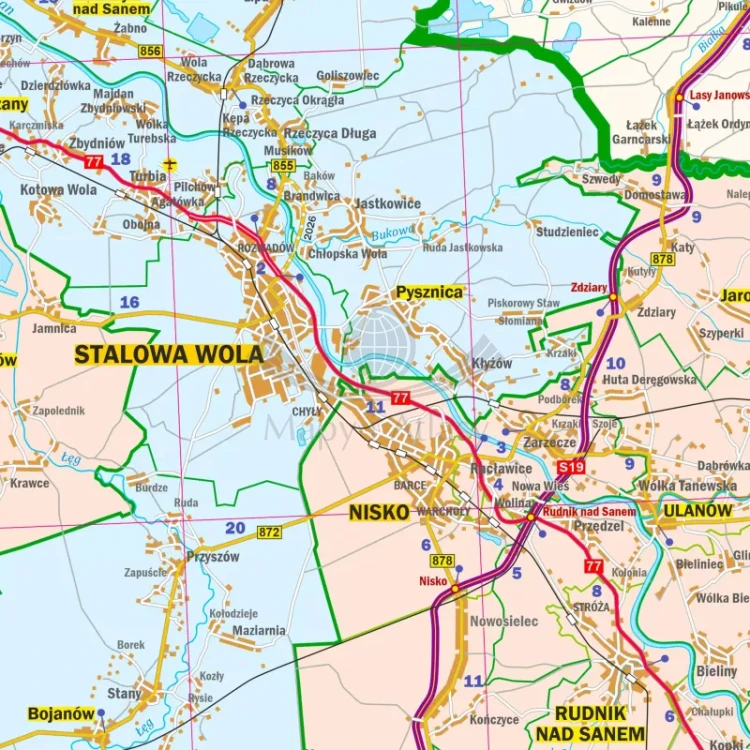 Województwo podkarpackie. Mapa administracyjno-drogowa. Wersja do wpinania. Fragment 4