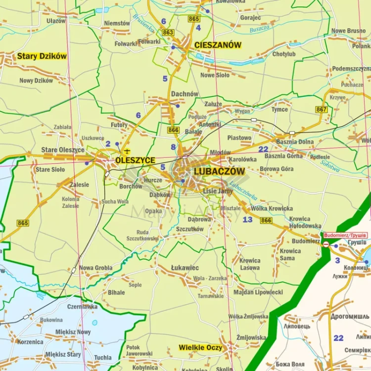 Województwo podkarpackie. Mapa administracyjno-drogowa. Wersja do wpinania. Fragment 5