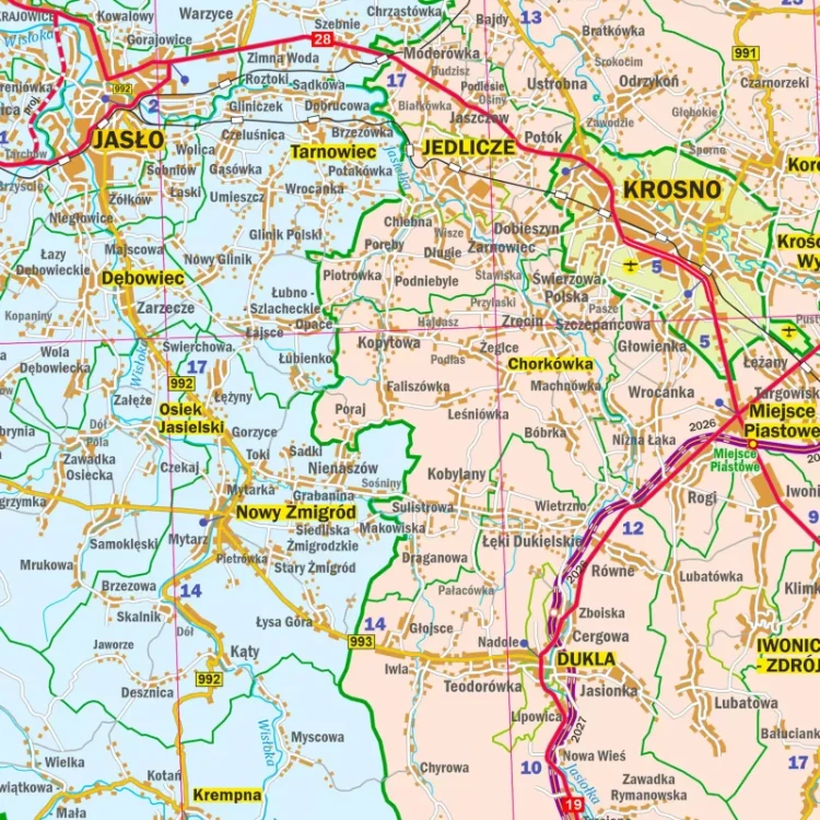 Województwo podkarpackie. Arkusz, mapa ścienna administracyjno-drogowa. Fragment 3