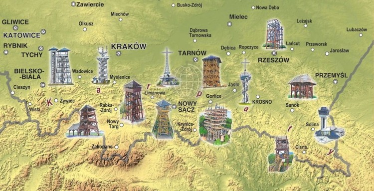 Wieże widokowe: Karpaty Polskie. Pogranicze czeskie i słowackie. Mapa turystyczna wydawnictwa Compass. Zasięg