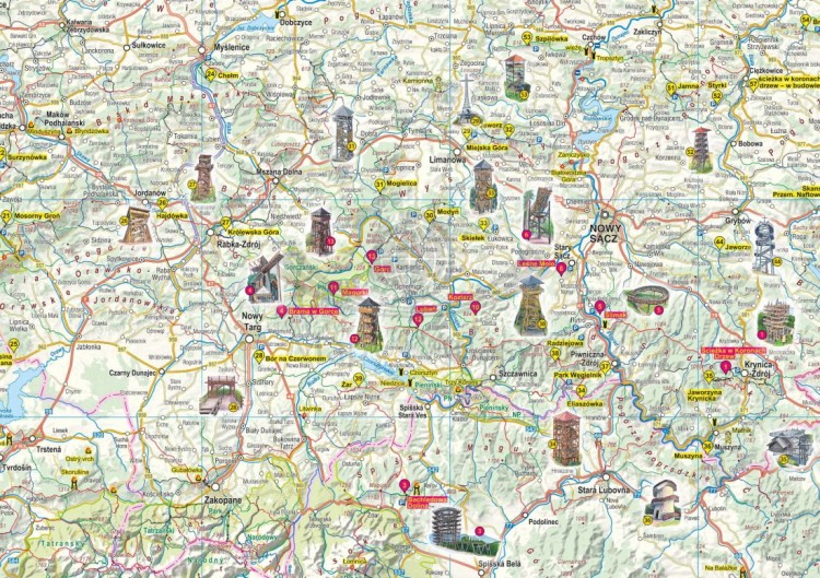 Wieże widokowe: Karpaty Polskie. Pogranicze czeskie i słowackie. Mapa turystyczna wydawnictwa Compass. Fragment 1
