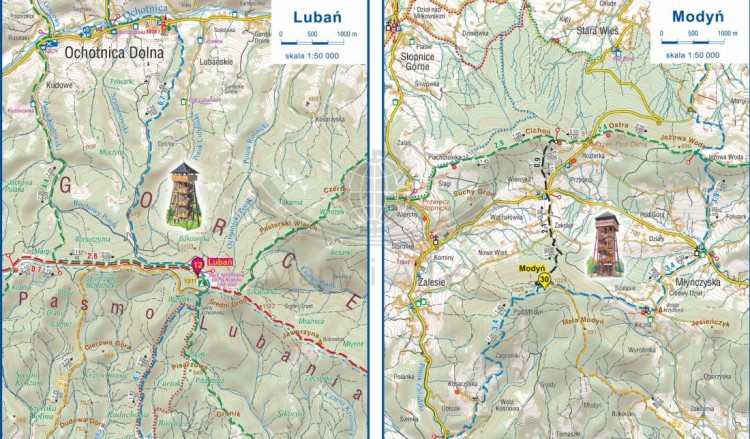 Wieże widokowe: Karpaty Polskie. Pogranicze czeskie i słowackie. Mapa turystyczna wydawnictwa Compass. Fragment 2