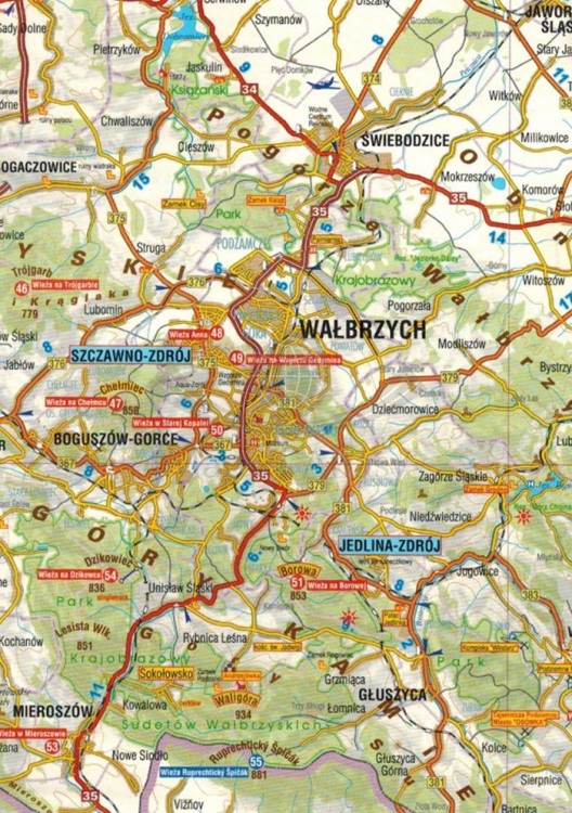 Sudety, mapa wież widokowych. Mapa turystyczna- samochodowa wydania Galileos. Fragment 1