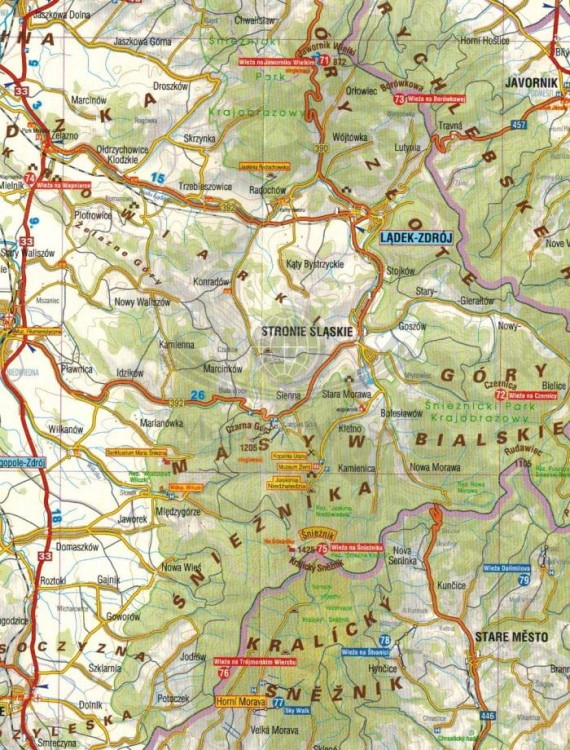 Sudety, mapa wież widokowych. Mapa turystyczna- samochodowa wydania Galileos. Fragment 2