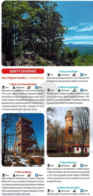 Sudety, mapa wież widokowych. Mapa turystyczna- samochodowa wydania Galileos. Informator - fragment