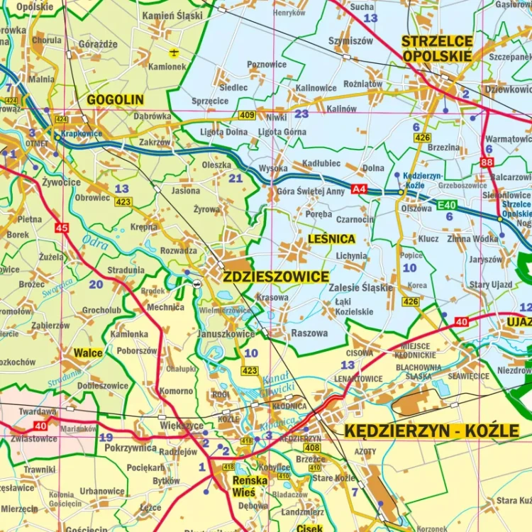 Województwo opolskie. Mapa ścienna administracyjno-drogowa. Fragment 3