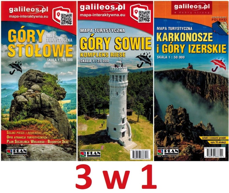 Góry Stołowe, Sowie, Karkonosze, Izerskie. Zestaw 3 laminowanych map turystycznych wydawnictwa Galileos