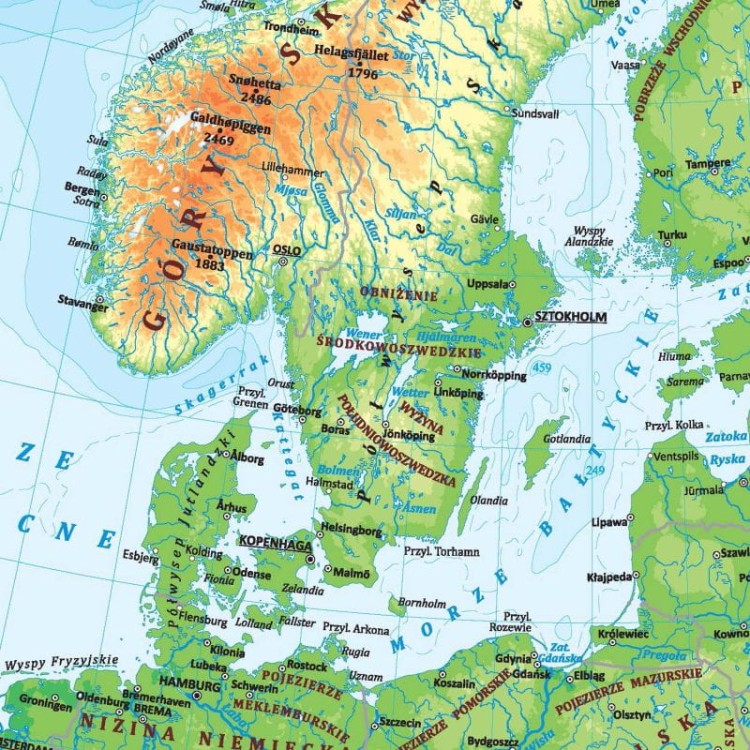 Europa 1:10 000 000. Dwustronna mapa ścienna. Polityczna i fizyczna. Strona fizyczna - fragment 1