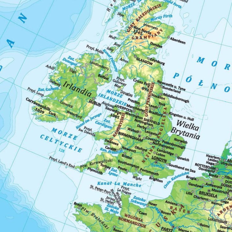 Europa 1:10 000 000. Dwustronna mapa ścienna. Polityczna i fizyczna. Strona fizyczna - fragment 2