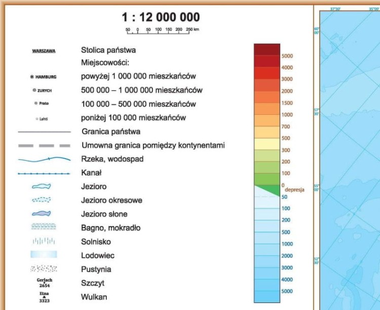 Europa 1:10 000 000. Dwustronna mapa ścienna. Polityczna i fizyczna. Strona fizyczna - legenda