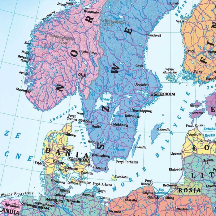 Europa 1:10 000 000. Dwustronna mapa ścienna. Polityczna i fizyczna. Strona polityczna - fragment 3