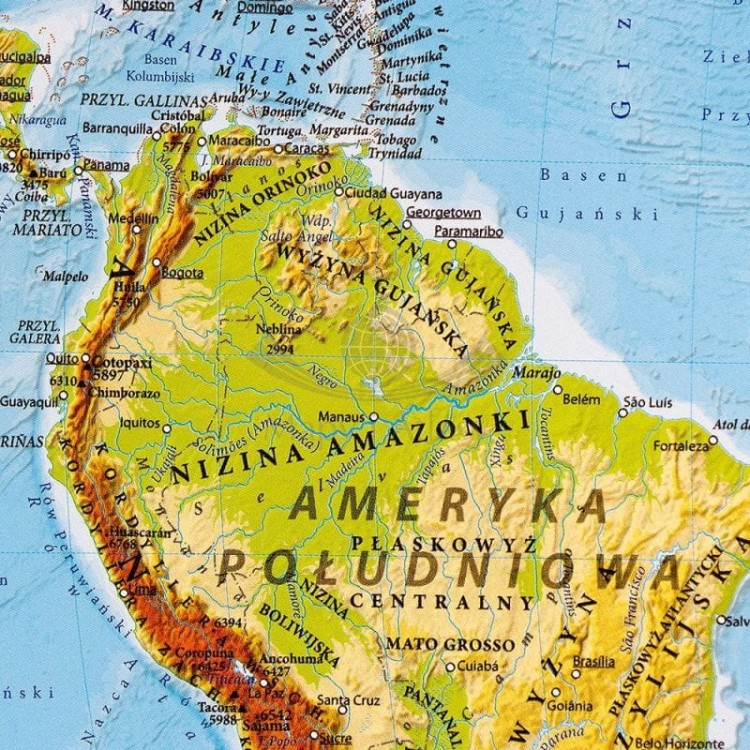 Świat 1:60 000 000. Dwustronna mapa ścienna. Polityczna i fizyczna. Strona fizyczna - fragment 1