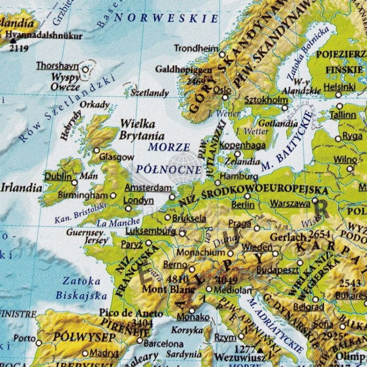 Świat 1:60 000 000. Dwustronna mapa ścienna. Polityczna i fizyczna. Strona fizyczna - fragment 3