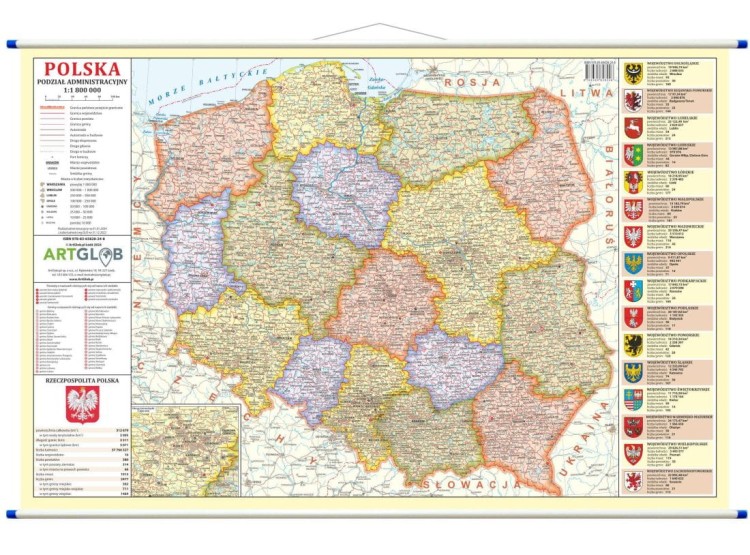 Polska 1:1 800 000. Dwustronna mapa ścienna. Fizyczno-administracyjna. Strona administracyjna