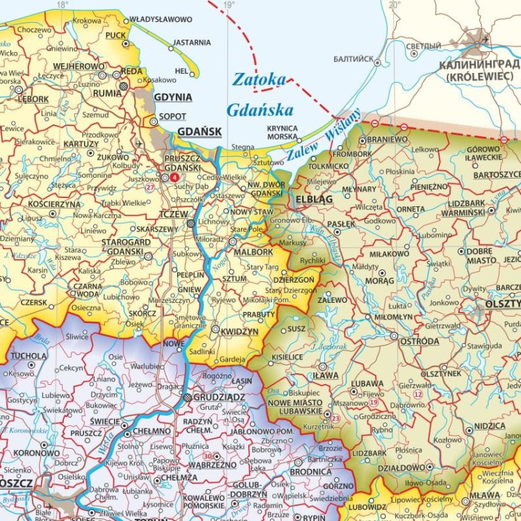 Polska 1:1 800 000. Dwustronna mapa ścienna. Fizyczno-administracyjna. Strona administracyjna - fragment
