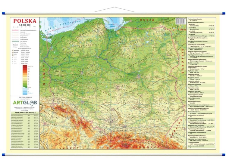 Polska 1:1 800 000. Dwustronna mapa ścienna. Fizyczno-administracyjna. Strona fizyczna