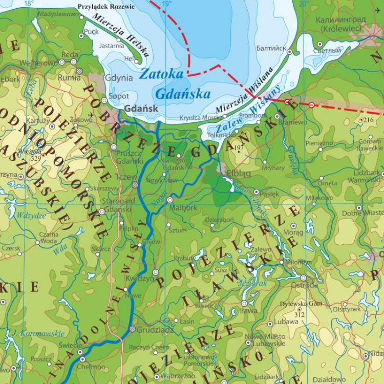 Polska 1:1 800 000. Dwustronna mapa ścienna. Fizyczno-administracyjna. Strona fizyczna - fragment