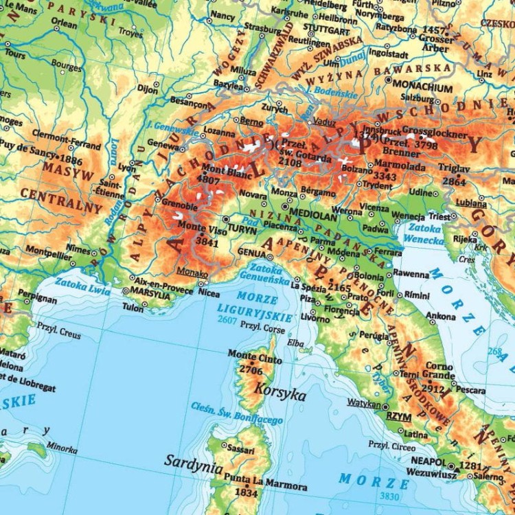 Europa 1:10 000 000. Dwustronna mapa ścienna. Polityczna i fizyczna. Strona fizyczna - fragment