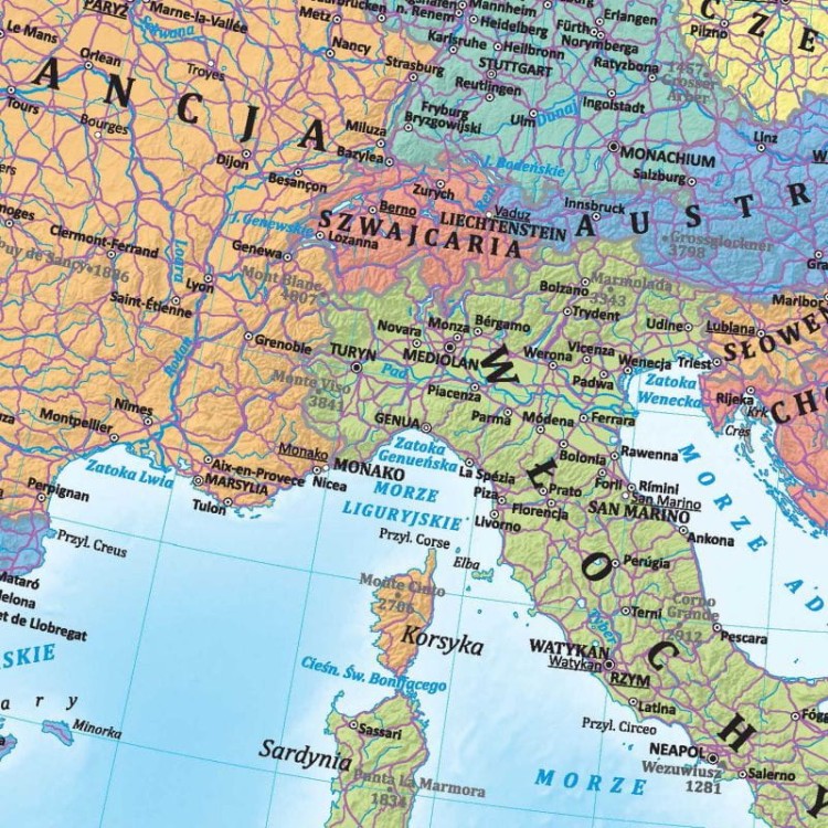 Europa 1:10 000 000. Dwustronna mapa ścienna. Polityczna i fizyczna. Strona polityczna - fragment