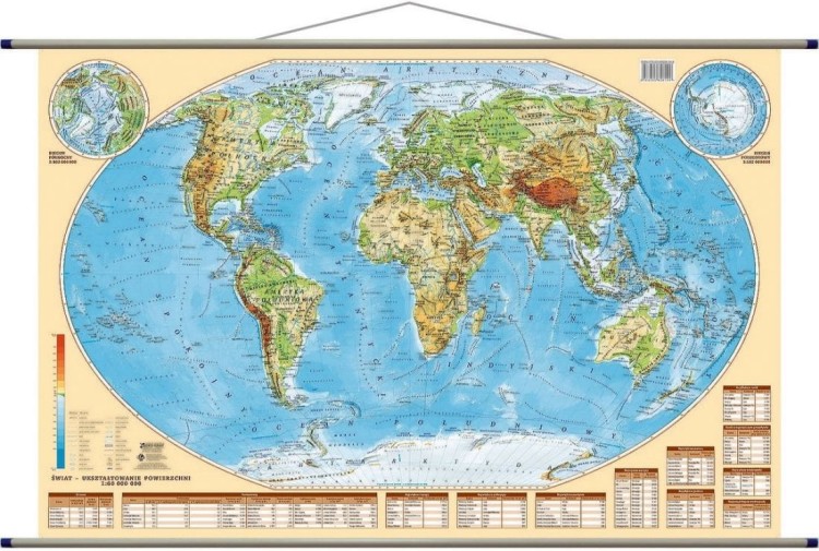 Świat 1:60 000 000. Dwustronna mapa ścienna. Polityczna i fizyczna. Strona fizyczna