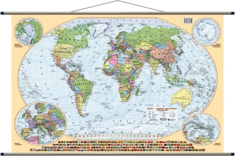 Świat 1:60 000 000. Dwustronna mapa ścienna. Polityczna i fizyczna. Strona polityczna