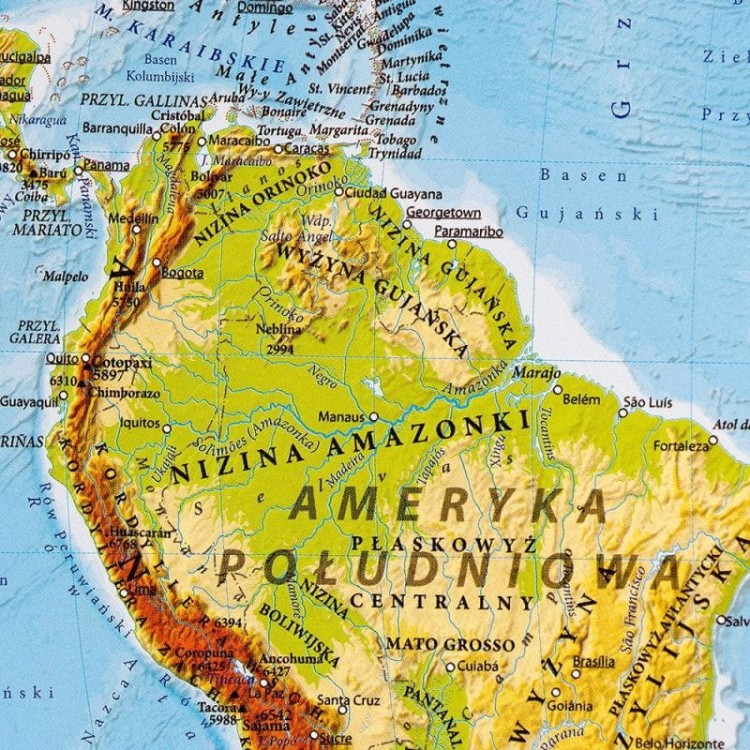 Świat 1:60 000 000. Dwustronna mapa ścienna. Polityczna i fizyczna. Strona fizyczna - fragment