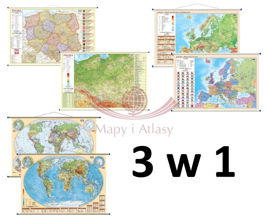 Polska, Europa, świat. Zestaw: 3 x dwustronna mapa ścienna. Polityczna / fizyczna. ArtGlob