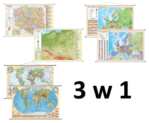 Polska, Europa, świat. Zestaw: 3 x dwustronna mapa ścienna. Polityczna / fizyczna. ArtGlob