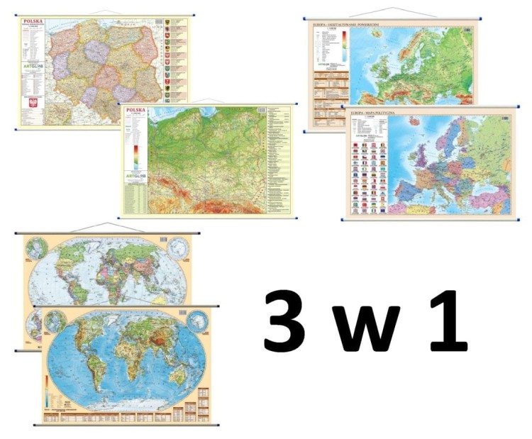 Polska, Europa, świat. Zestaw: 3 x dwustronna mapa ścienna. Polityczna / fizyczna. ArtGlob