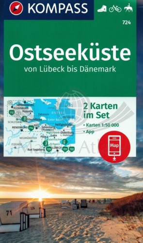 Niemieckie Wybrzeże Bałtyku: Ostseekuste: Lubcek - Danemark. Zestaw dwóch map turystycznych 724 wydawnictwa Kompass. Okładka