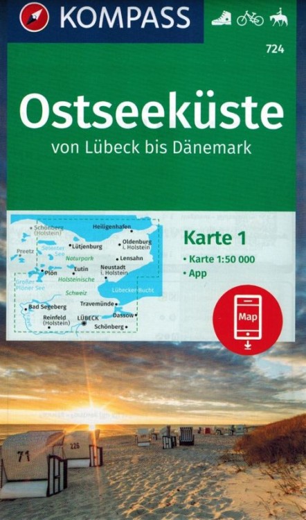 Niemieckie Wybrzeże Bałtyku: Ostseekuste: Lubcek - Danemark. Zestaw dwóch map turystycznych 724 wydawnictwa Kompass. Mapa 1 - okładka