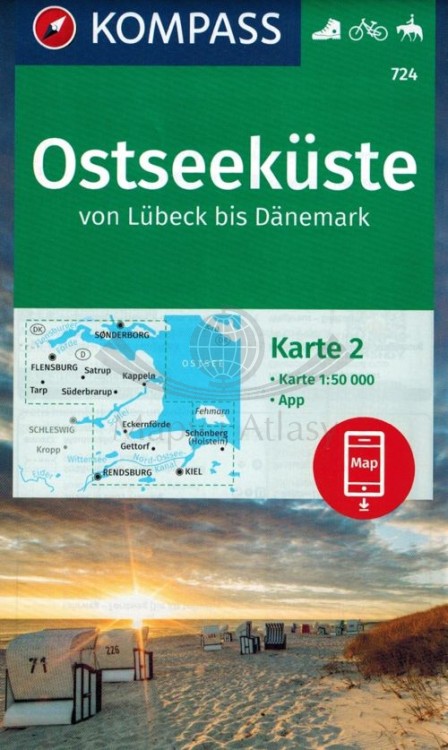 Niemieckie Wybrzeże Bałtyku: Ostseekuste: Lubcek - Danemark. Zestaw dwóch map turystycznych 724 wydawnictwa Kompass. Mapa 2 - okładka