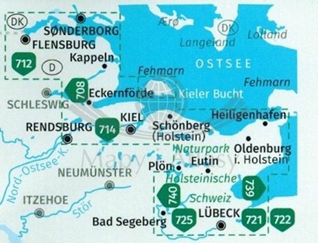 Niemieckie Wybrzeże Bałtyku: Ostseekuste: Lubcek - Danemark. Zestaw dwóch map turystycznych 724 wydawnictwa Kompass. Zasieg