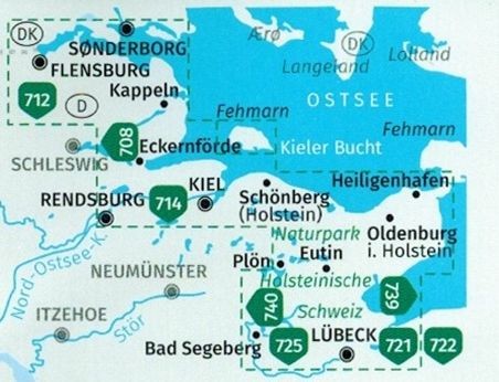 Niemieckie Wybrzeże Bałtyku: Ostseekuste: Lubcek - Danemark. Zestaw dwóch map turystycznych 724 wydawnictwa Kompass. Zasieg
