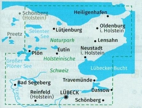 Niemieckie Wybrzeże Bałtyku: Ostseekuste: Lubcek - Danemark. Zestaw dwóch map turystycznych 724 wydawnictwa Kompass. Mapa 1 - zasieg