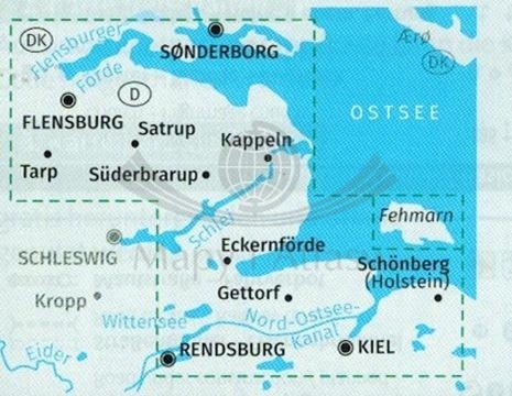 Niemieckie Wybrzeże Bałtyku: Ostseekuste: Lubcek - Danemark. Zestaw dwóch map turystycznych 724 wydawnictwa Kompass. Mapa 2 - zasięg