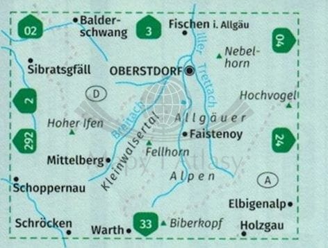 Oberstdorf, Kleinwalsertal. Wodoodporna mapa turystyczna 03 wydawnictwa Kompass. Okładka - zasięg