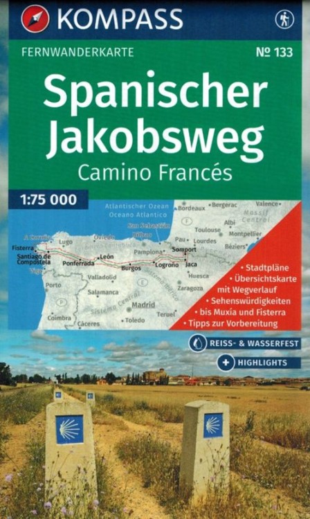 Hiszpania Północna. Santiago de Compostela. Droga św. Jakuba. Wodoodporna mapa turystyczna 133 wydawnictwa Kompass. Okładka