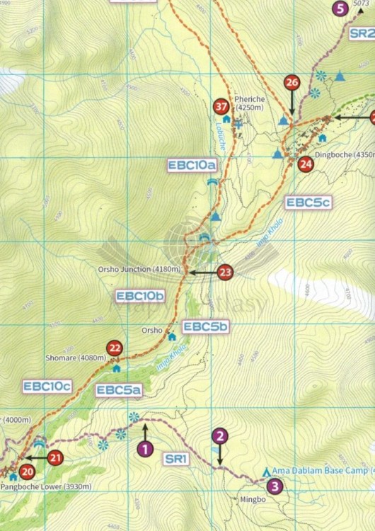 Everest Base Camp 1:40 000. Wodoodporna mapa turystyczna wydawnictwa Knife Edge. Fragment 2