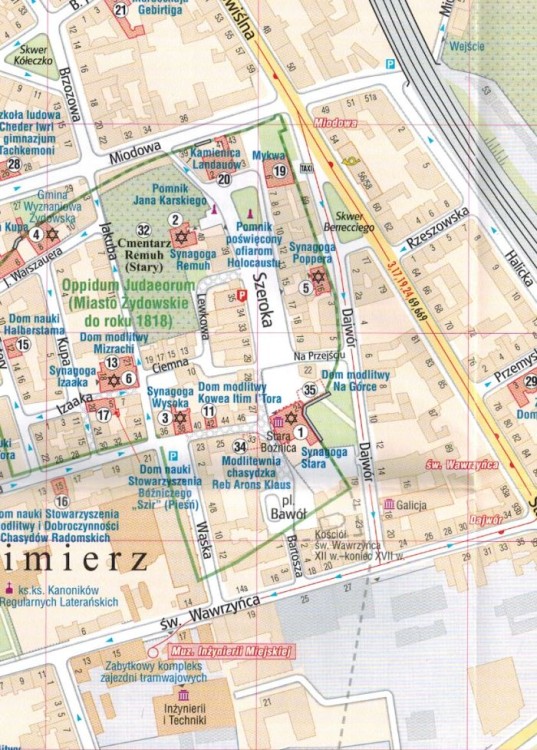 Kraków 1:4 000. Mapa zabytków żydowskich wydawnictwa Gauss. Fragment