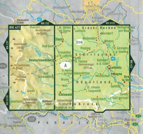 Steirisches Weinland 1:50 000. Wodoodporna mapa turystyczna WK 411. Freytag & Berndt. Zasięg