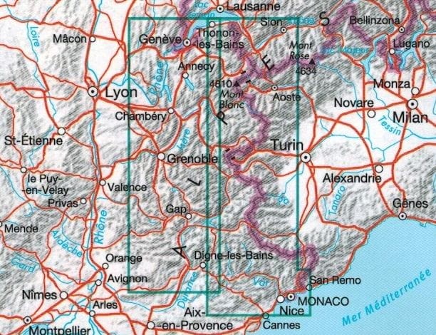 Droga Wielkich Alp / Route des Grandes Alpes 1:220 000. Wodoodporna mapa turystyczna wydawnictwa IGN. Zasięg
