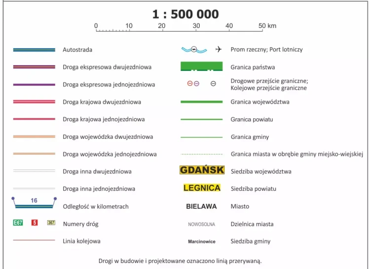Polska 1:500 000. Mapa ścienna administracyjno-drogowa. Legenda
