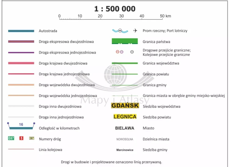 Polska 1:500 000. Mapa administracyjno-drogowa. Wersja magnetyczna. Legenda