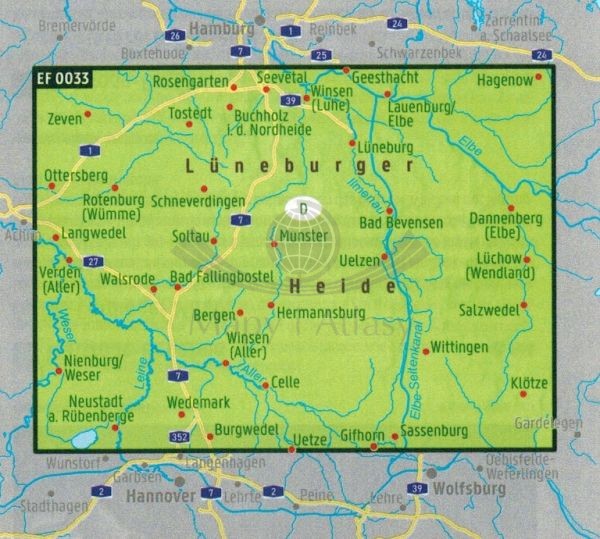 Luneburg Heide 1:190 000. Wodoodporna mapa turystyczna EF 0033 wydawnictwa Freytag & Berndt. Zasięg