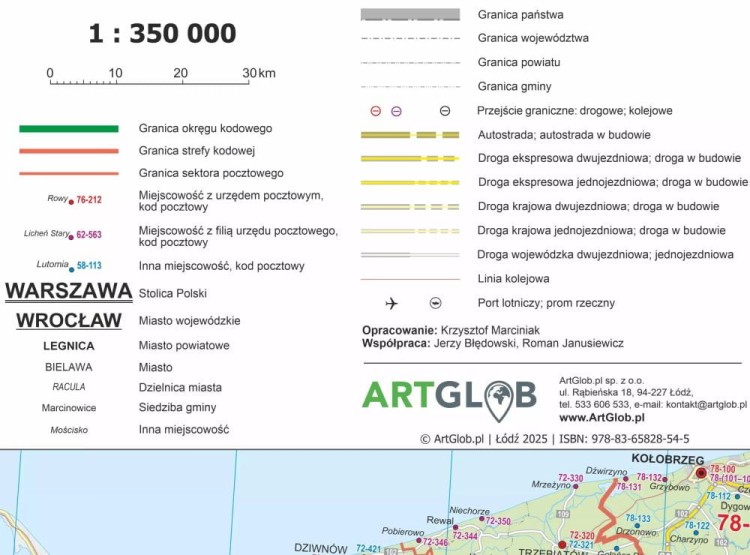 Polska 1:350 000. Mapa ścienna. Kody pocztowe. Legenda