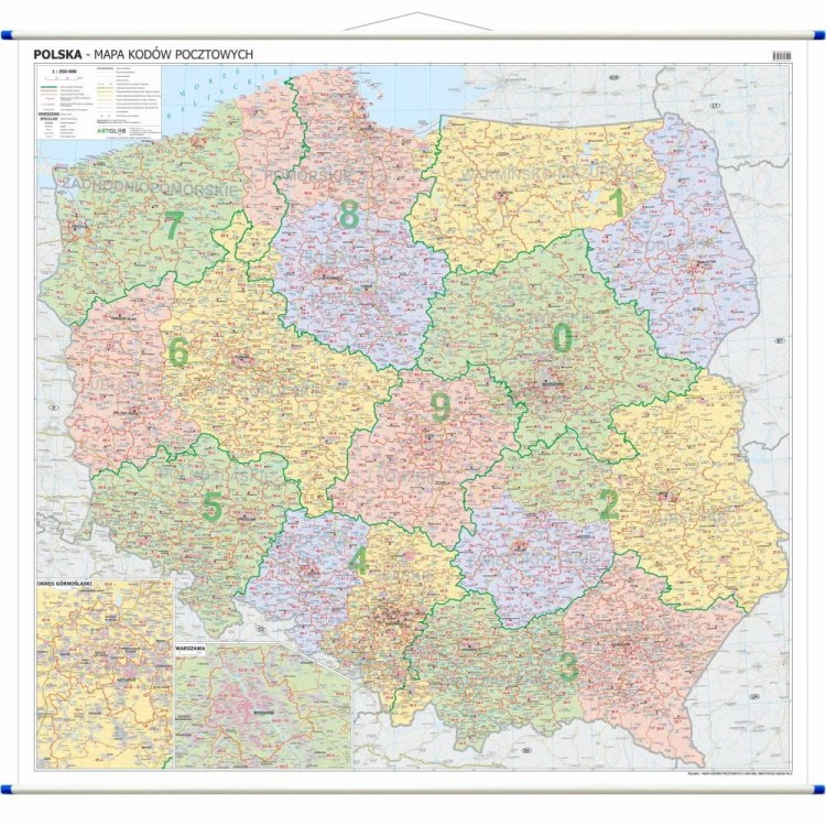 Polska 1:350 000. Mapa ścienna. Kody pocztowe