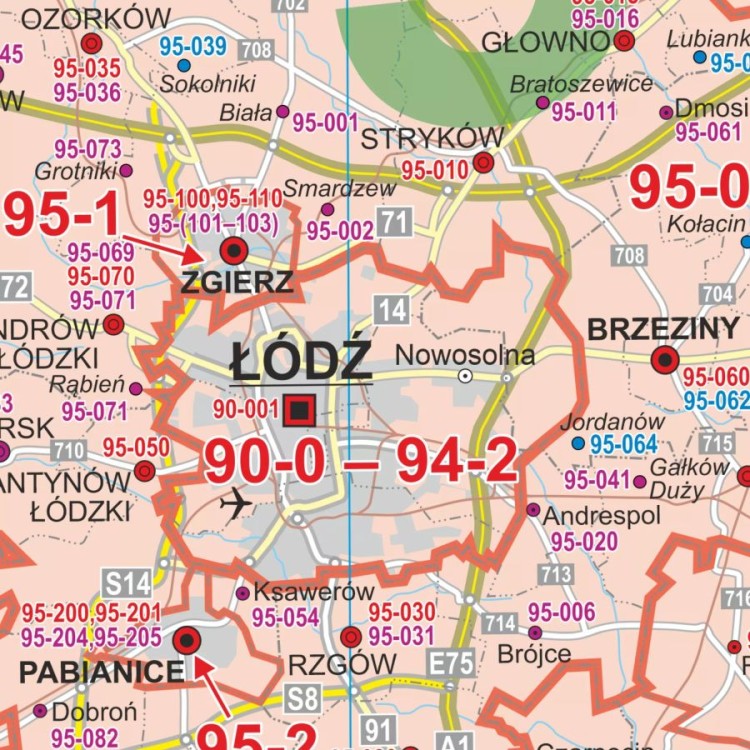 Polska 1:350 000. Mapa ścienna. Kody pocztowe. Fragment 1