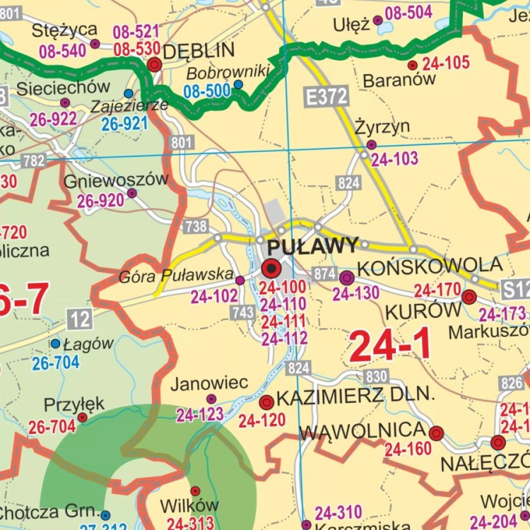 Polska 1:350 000. Mapa ścienna. Kody pocztowe. Fragment 2
