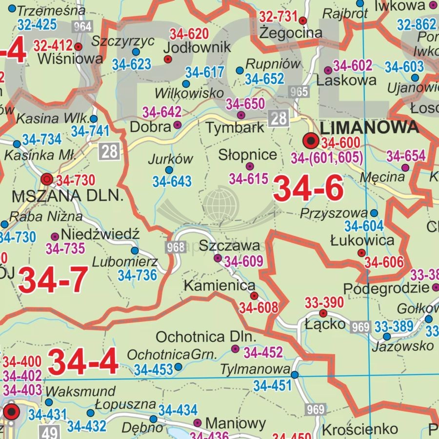 POLSKA KODY POCZTOWE MAPA CIENNA ARTGLOB
